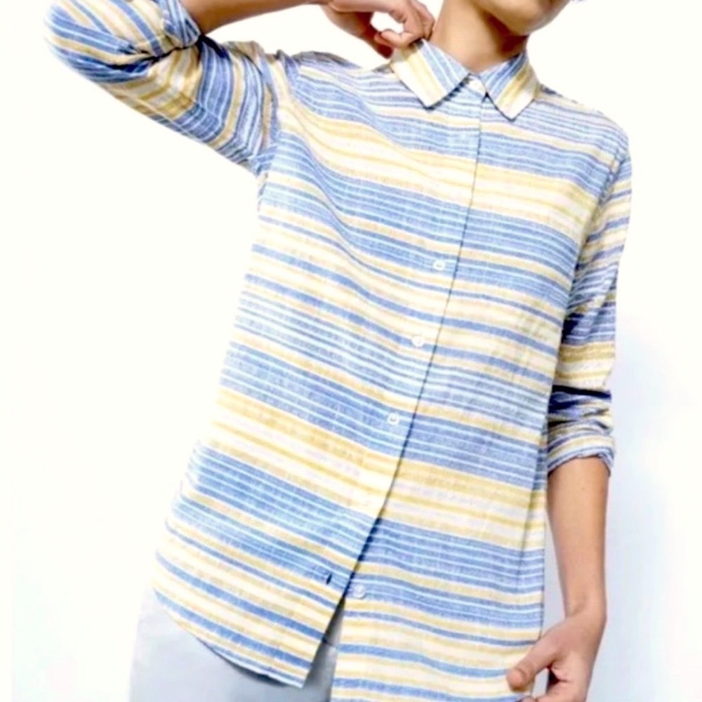 Wildfang Ace Button Down Striped Cotton Linen Long Sleeve Shirt Yellow Blue Sz M